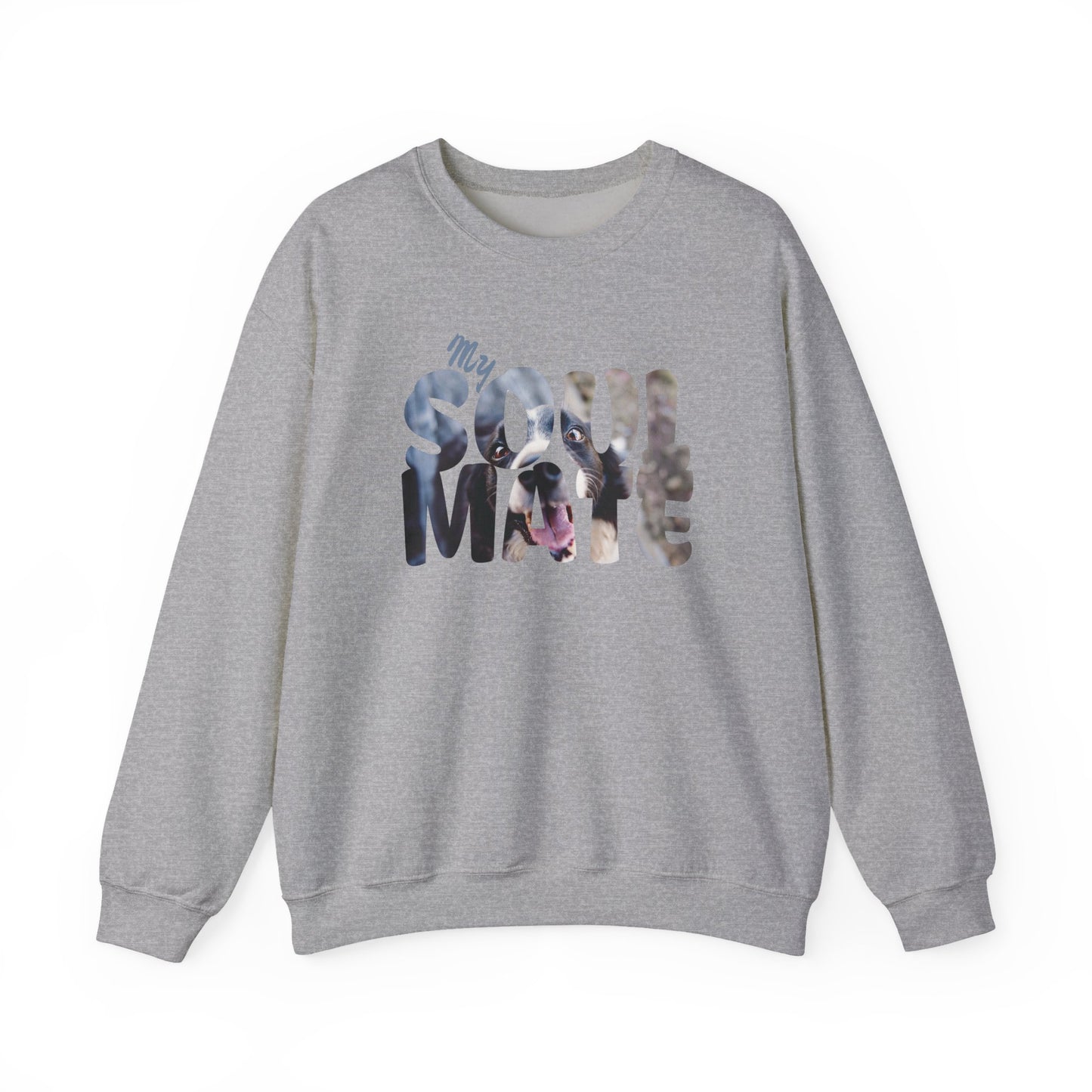 Dog My Soulmate Unisex Crewneck Sweatshirt with a faded floral design and dog imagery on a grey background.