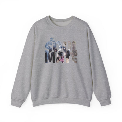 Dog My Soulmate Unisex Crewneck Sweatshirt with a faded floral design and dog imagery on a grey background.
