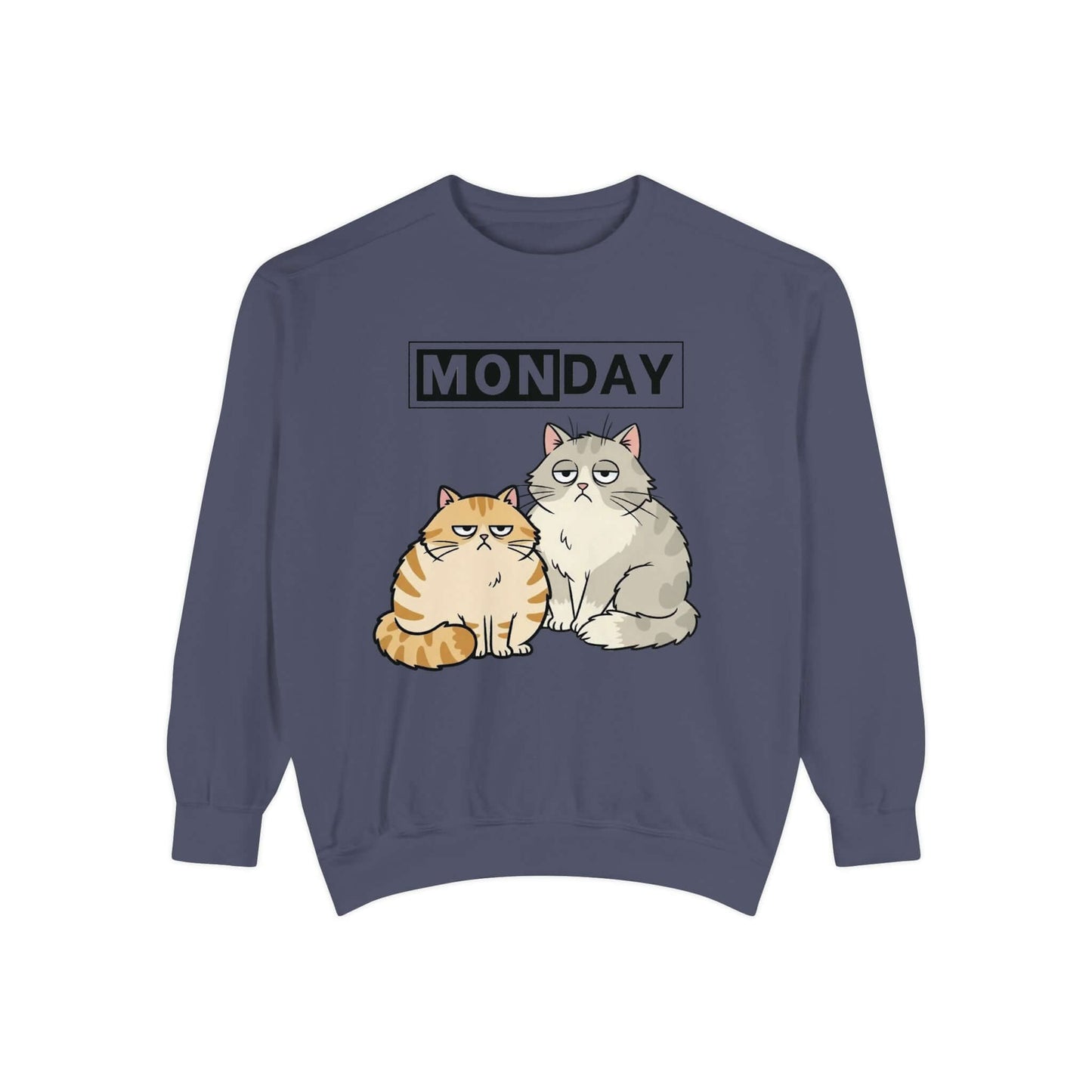 Monday Face Cat Stares Blankly Unisex Crewneck Sweatshirt featuring two grumpy cats and a 'MONDAY' banner.