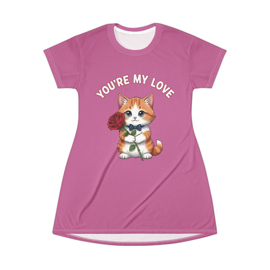 You're My Love - Cat Print T-Shirt Dress - Perfect for Pet Lovers