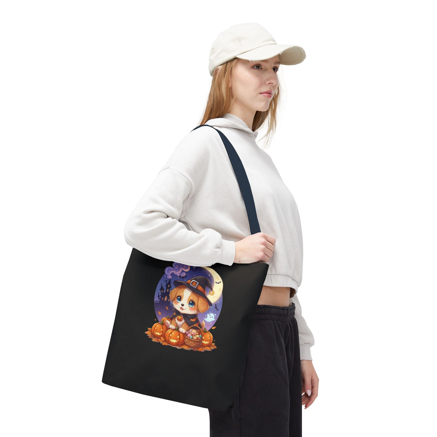 Adorable Halloween Puppy anime style Tote Bag, Pumpkin Lover Gift, Cute Dog Design, Witch Theme, Eco-Friendly Shopping Bag