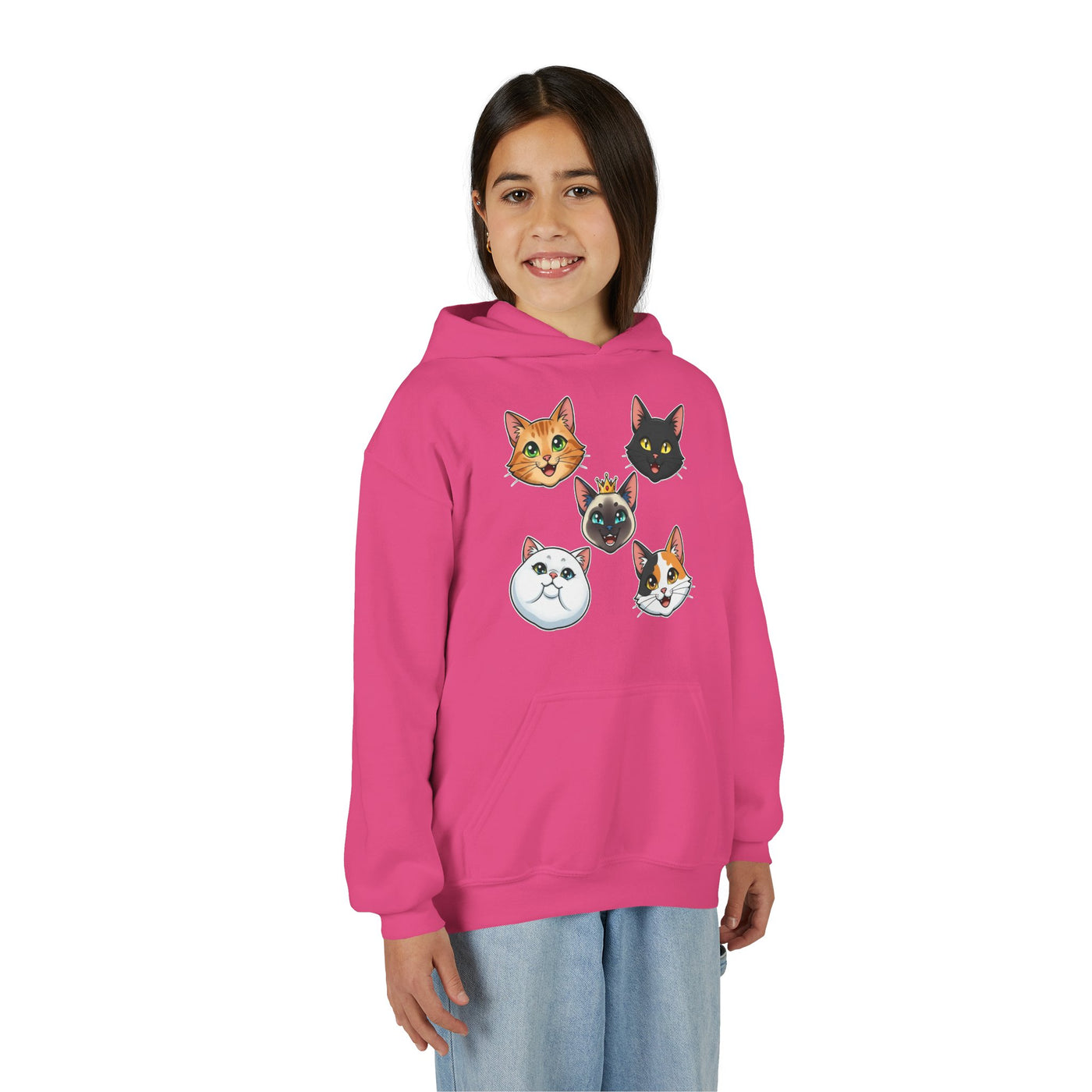 Cute Cat Heads Unisex Youth Hoodie, Fun Pet Lover Sweater, Kids Gift, Animal Lover Apparel, Perfect for Birthdays & Holidays