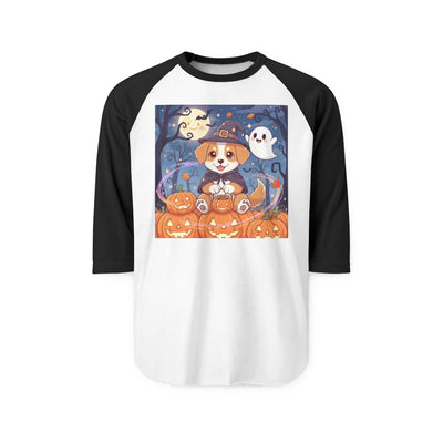 Halloween cute puppy anime style 3 Raglan Shirt, Cute Pet Shirt, Fall Apparel, Unisex Halloween Outfit, Gift for Dog Lovers, Spooky Season Tee