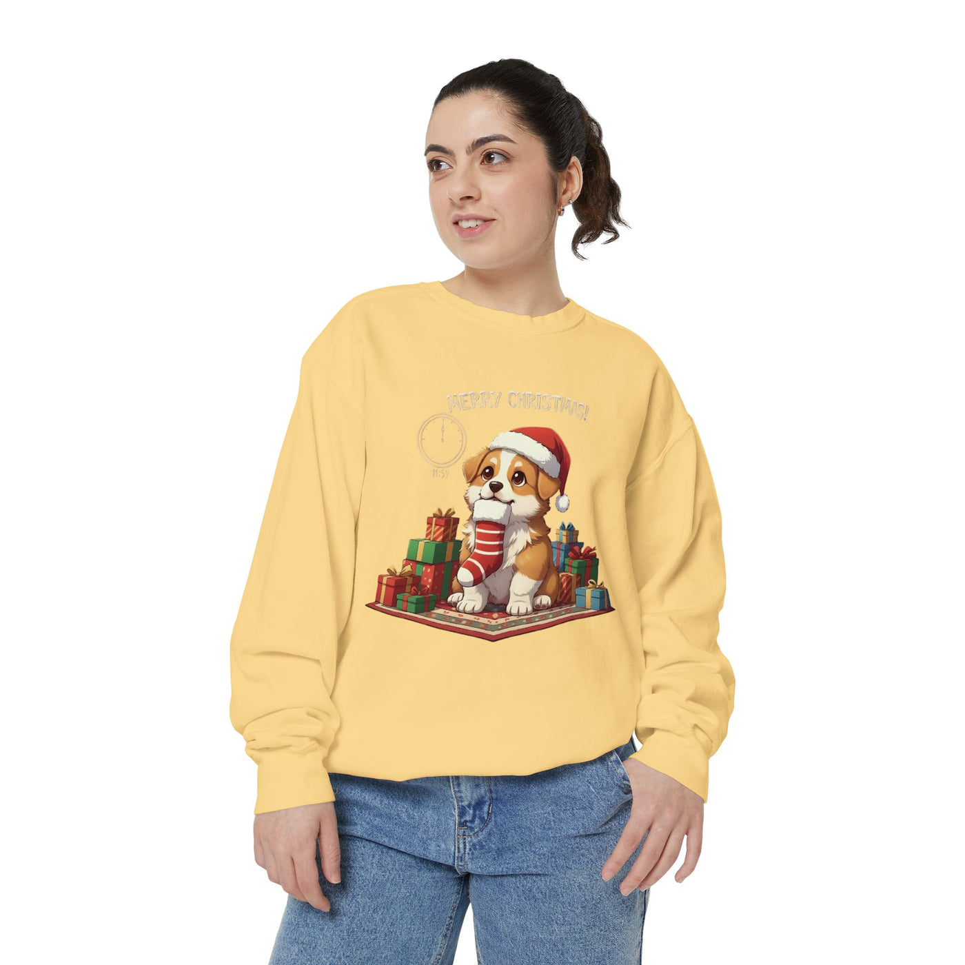 Cute Puppy waiting for Christmas presents style 1 Cozy Graphic Unisex Crewneck Sweatshirt