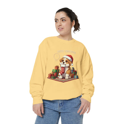 Cute Puppy waiting for Christmas presents style 1 Cozy Graphic Unisex Crewneck Sweatshirt