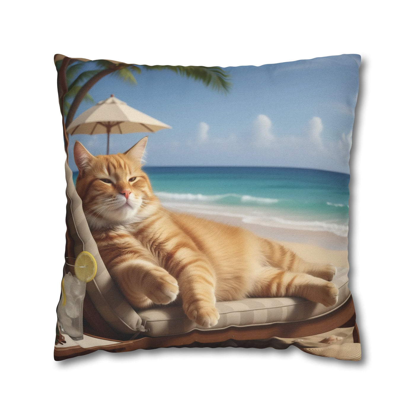 Relaxing Cat Beach Pillowcase - Cozy Spun Polyester Decorative Pillowcase for Cat Lovers