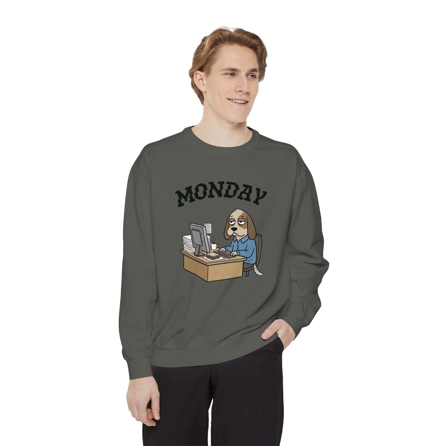 Monday Face Dog Stares Blankly Unisex Crewneck Sweatshirt featuring a dog at a desk with a 'MONDAY' banner.