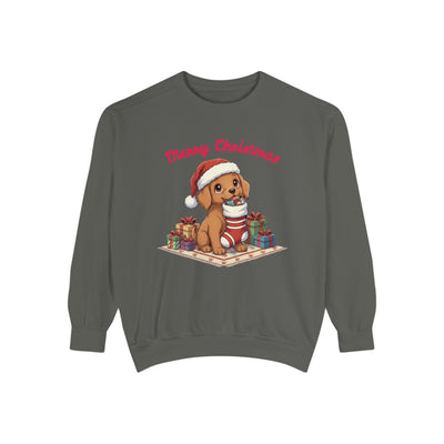 Cute Puppy waiting for Christmas presents style 2 Cozy Graphic Unisex Crewneck Sweatshirt