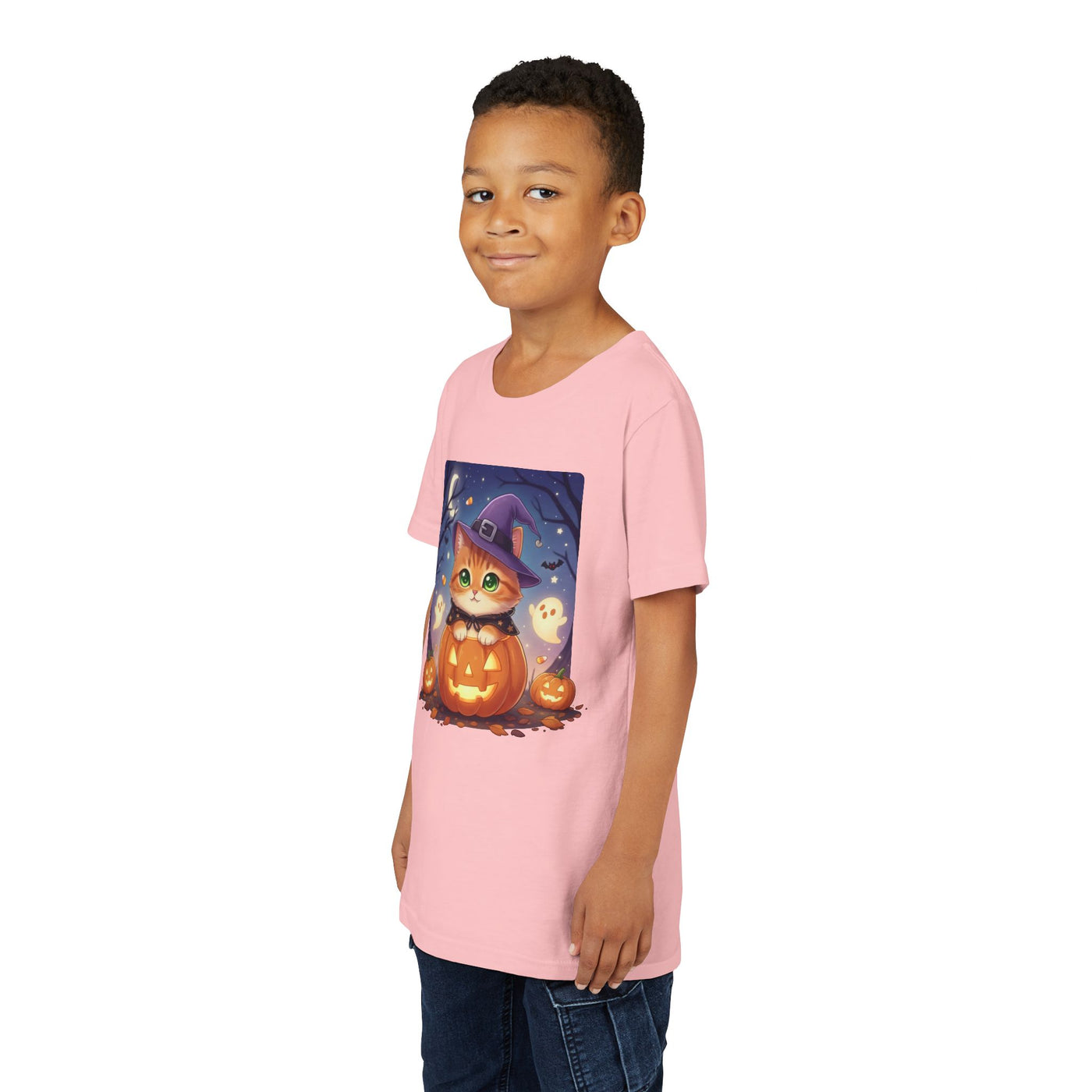 Halloween cute kitten anime style 7 Unisex Youth Tee | T-Shirt, Cute Pumpkin Shirt, Kids Halloween Outfit, Cat Lover Gift, Fun Fall Apparel