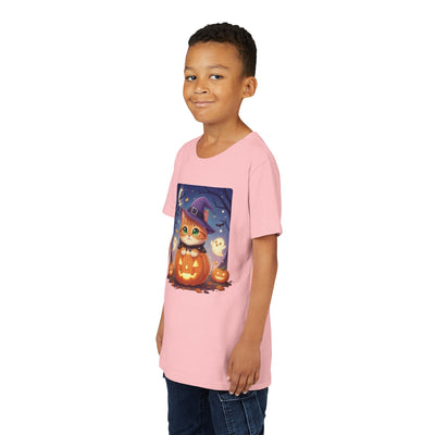 Halloween cute kitten anime style 7 Unisex Youth Tee | T-Shirt, Cute Pumpkin Shirt, Kids Halloween Outfit, Cat Lover Gift, Fun Fall Apparel