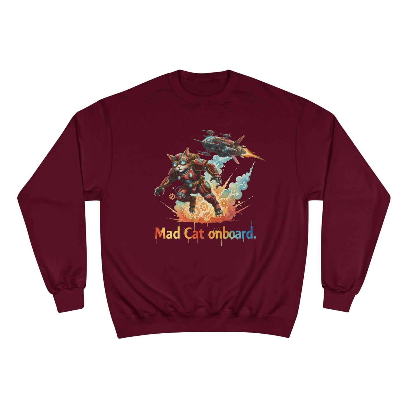 Mad Cat Onboard Graphic style 2 Champion Crewneck Sweatshirt for Gamers & Sci‑Fi Fans