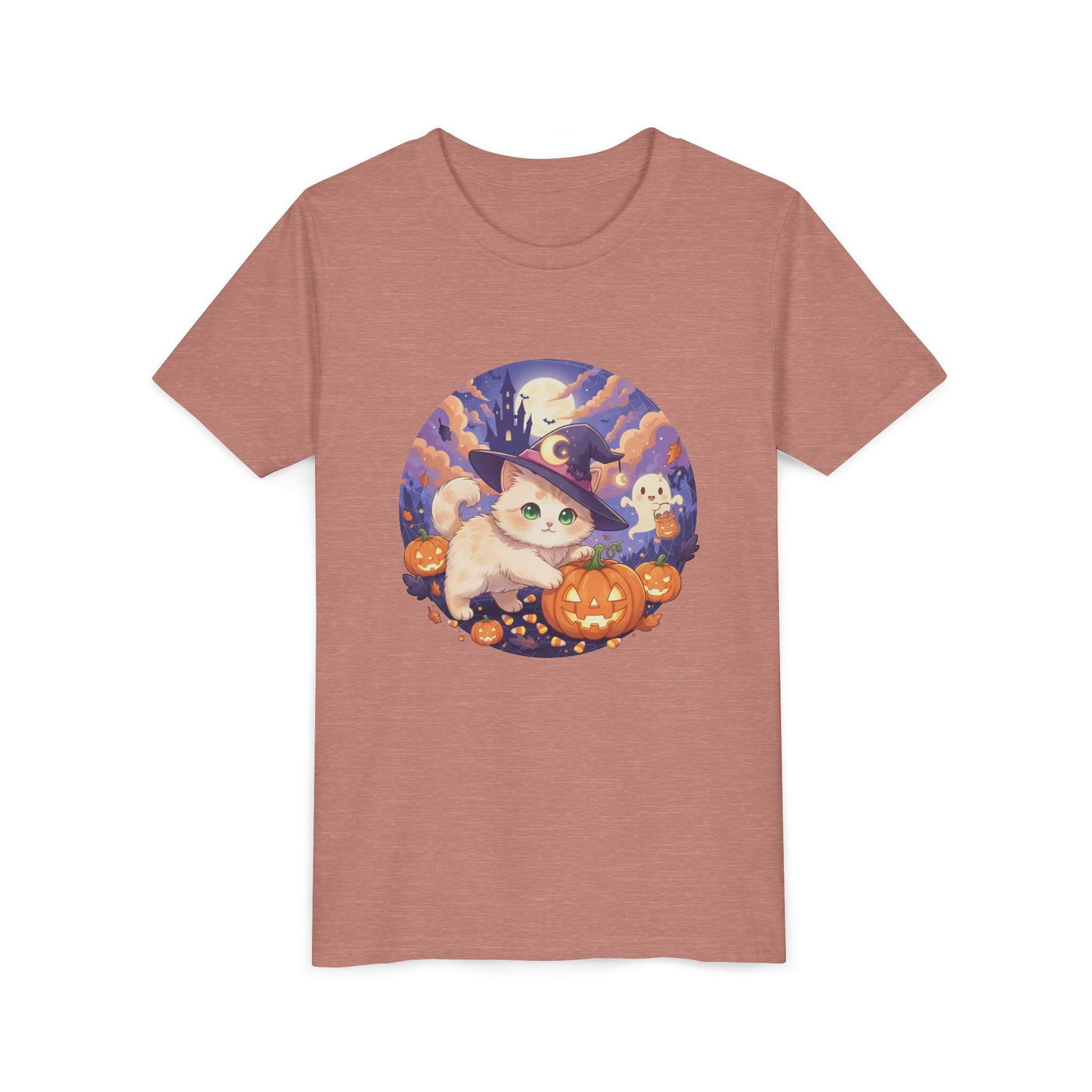 Halloween cute kitten anime style 5 Unisex Youth Tee | T-Shirt, Cute Pumpkin Shirt, Kids Halloween Outfit, Cat Lover Gift, Fun Fall Apparel