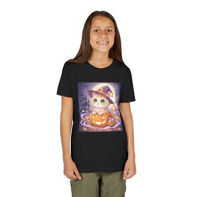 Halloween cute kitten anime style 4 Unisex Youth Tee | T-Shirt, Cute Pumpkin Shirt, Kids Halloween Outfit, Cat Lover Gift, Fun Fall Apparel