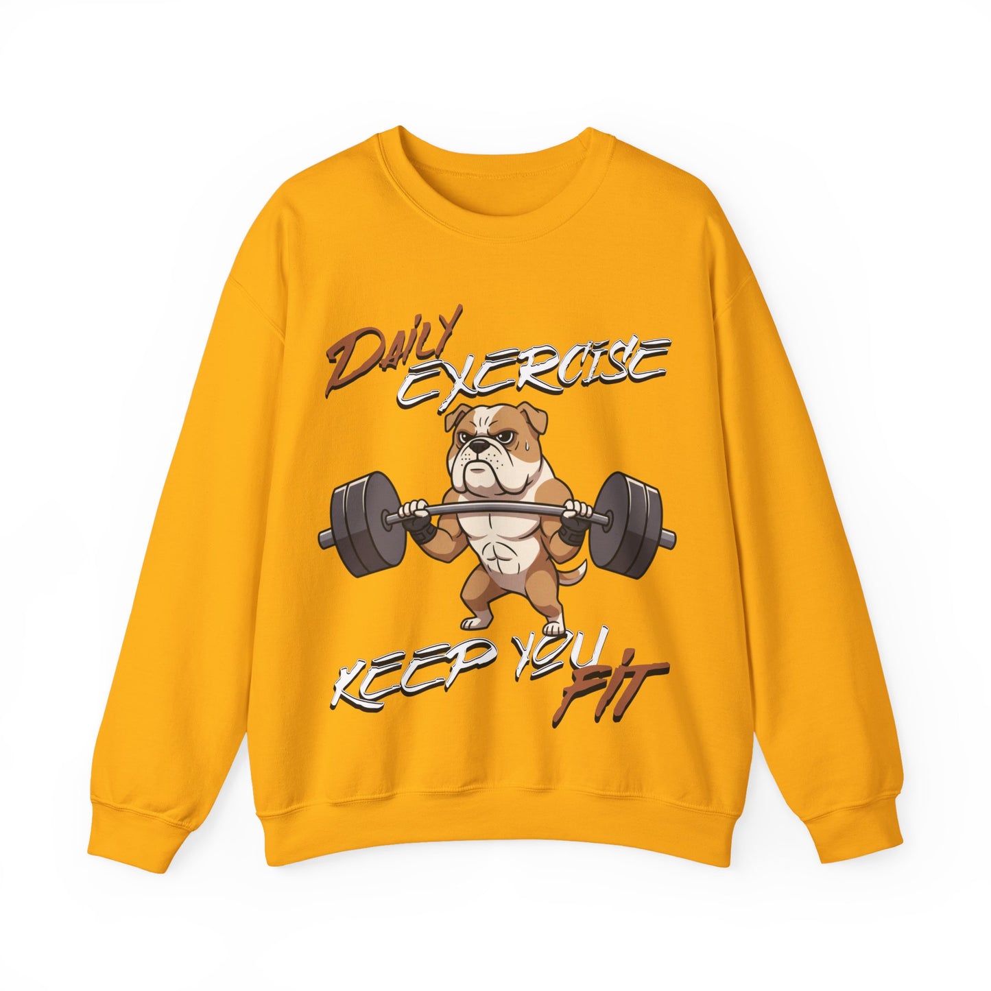 Daily Exercise Keep You Fit Workout Dog Unisex Sweatshirt featuring a weightlifting dog graphic on a yellow background.