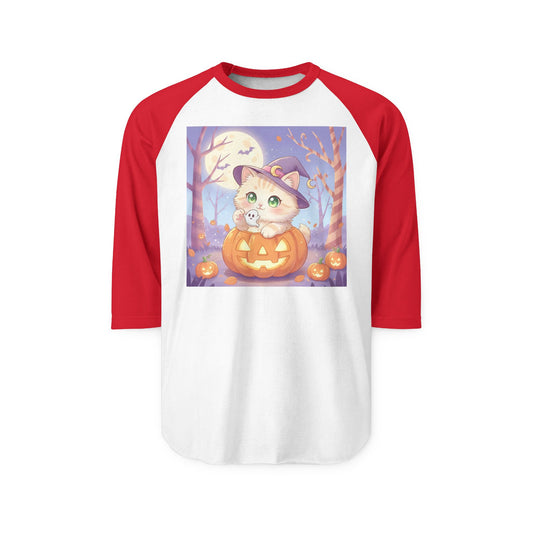 Halloween cute kitten anime style 1 Raglan Shirt, Unisex Halloween Top, Pumpkin Cat Shirt, Cute Cat Tee, Spooky Casual Wear