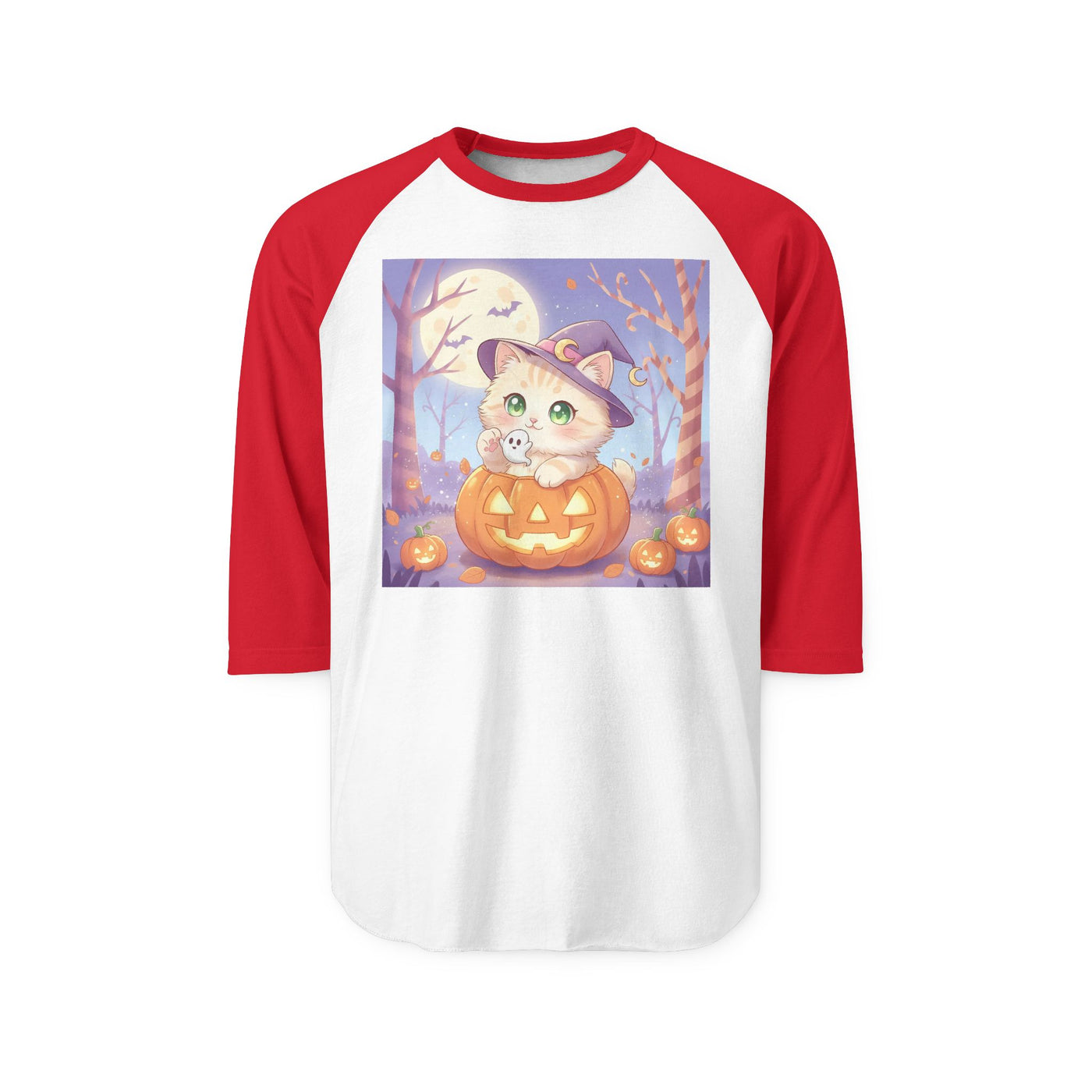 Halloween cute kitten anime style 1 Raglan Shirt, Unisex Halloween Top, Pumpkin Cat Shirt, Cute Cat Tee, Spooky Casual Wear