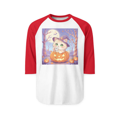 Halloween cute kitten anime style 1 Raglan Shirt, Unisex Halloween Top, Pumpkin Cat Shirt, Cute Cat Tee, Spooky Casual Wear