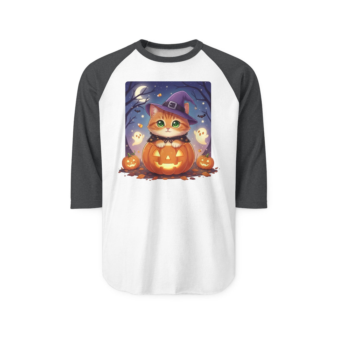 Halloween cute kitten anime style 7 Raglan Shirt, Unisex Halloween Top, Pumpkin Cat Shirt, Cute Cat Tee, Spooky Casual Wear