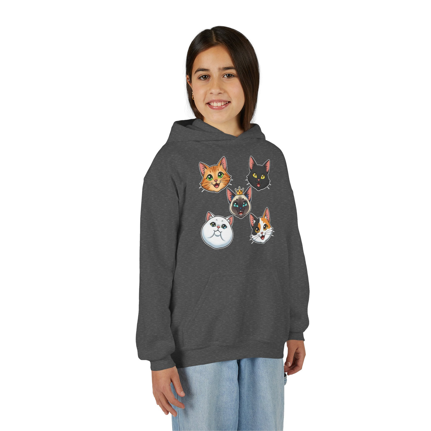 Cute Cat Heads Unisex Youth Hoodie, Fun Pet Lover Sweater, Kids Gift, Animal Lover Apparel, Perfect for Birthdays & Holidays