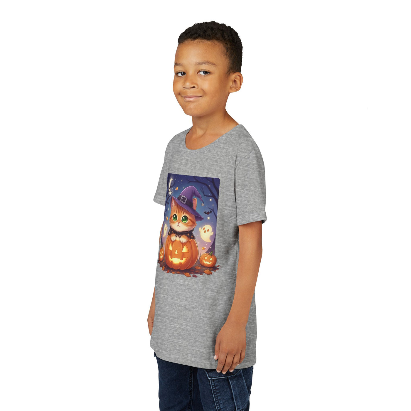 Halloween cute kitten anime style 7 Unisex Youth Tee | T-Shirt, Cute Pumpkin Shirt, Kids Halloween Outfit, Cat Lover Gift, Fun Fall Apparel