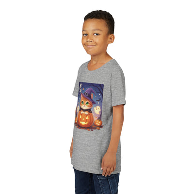 Halloween cute kitten anime style 7 Unisex Youth Tee | T-Shirt, Cute Pumpkin Shirt, Kids Halloween Outfit, Cat Lover Gift, Fun Fall Apparel