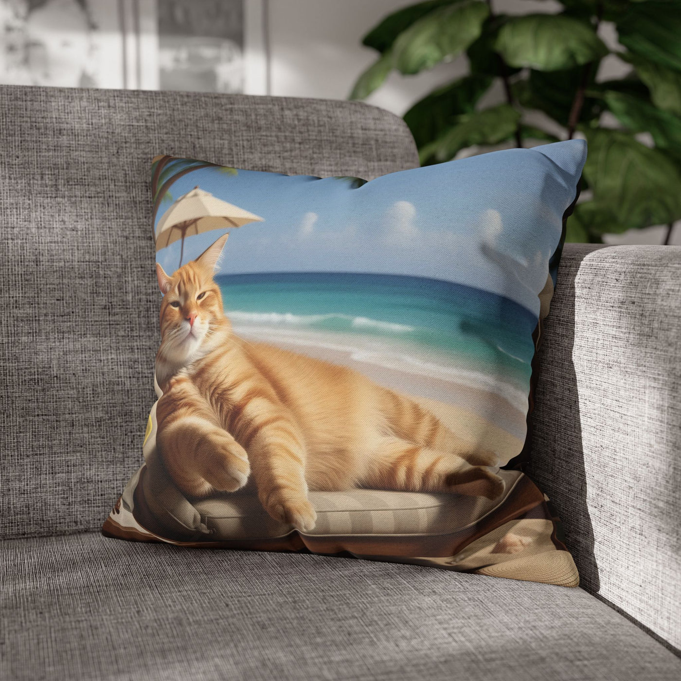 Relaxing Cat Beach Pillowcase - Cozy Spun Polyester Decorative Pillowcase for Cat Lovers