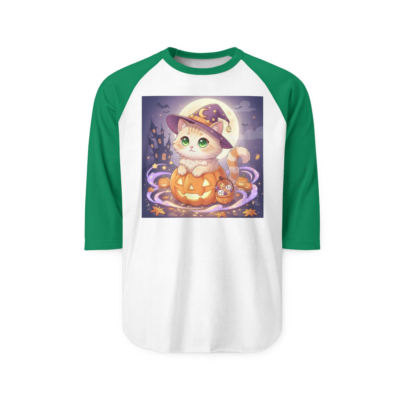 Halloween cute kitten anime style 4 Raglan Shirt, Unisex Halloween Top, Pumpkin Cat Shirt, Cute Cat Tee, Spooky Casual Wear