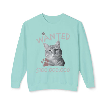 WANTED Cat Poster Design Unisex Crewneck Sweatshirt featuring a playful tabby cat portrait and paw print.