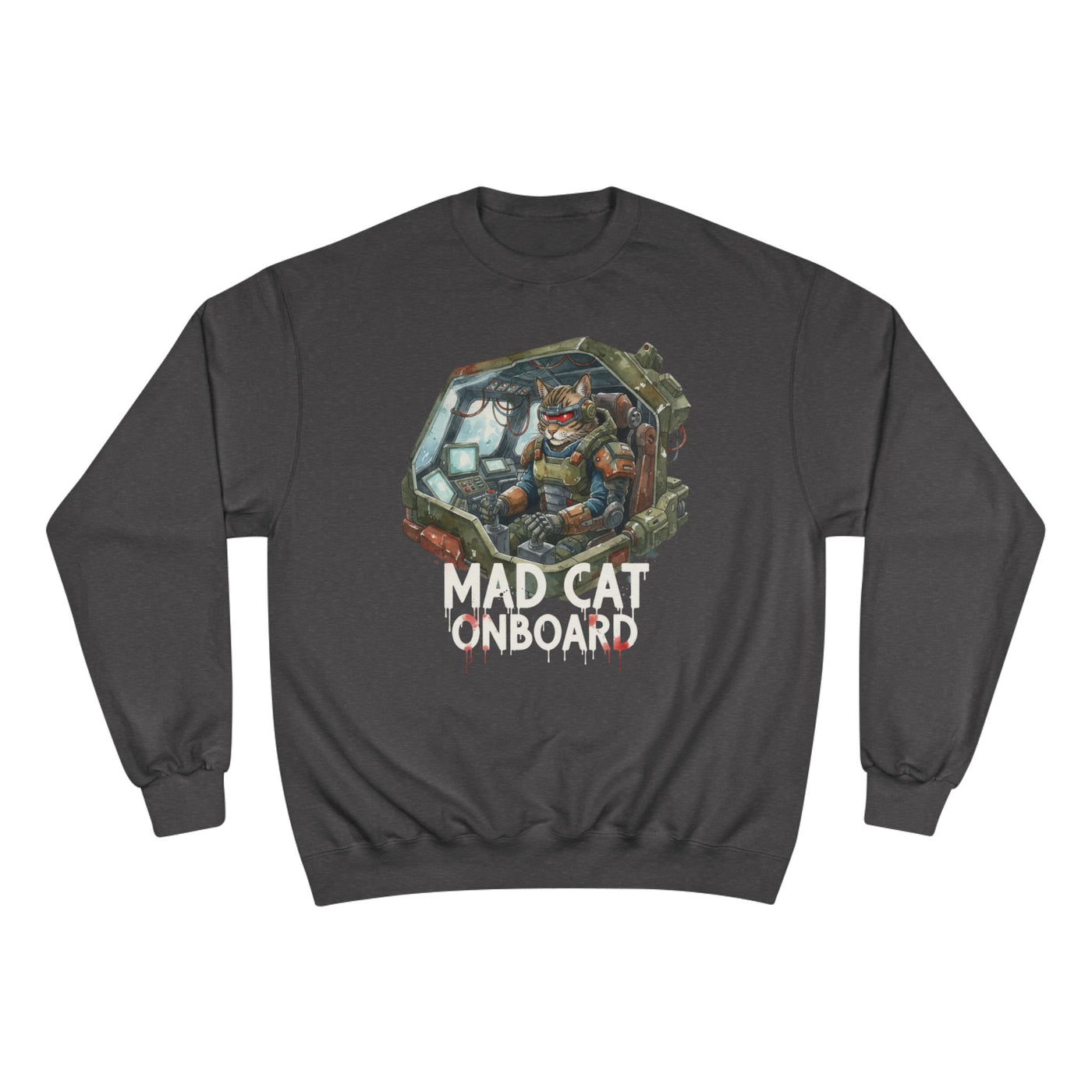 Mad Cat Onboard Graphic style 1 Champion Crewneck Sweatshirt for Gamers & Sci‑Fi Fans