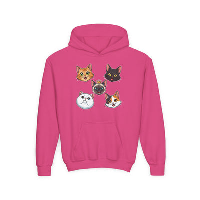 Cute Cat Heads Unisex Youth Hoodie, Fun Pet Lover Sweater, Kids Gift, Animal Lover Apparel, Perfect for Birthdays & Holidays