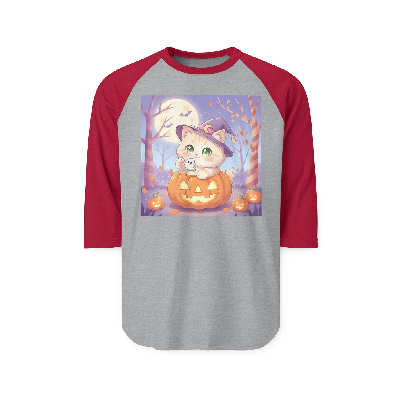 Halloween cute kitten anime style 1 Raglan Shirt, Unisex Halloween Top, Pumpkin Cat Shirt, Cute Cat Tee, Spooky Casual Wear