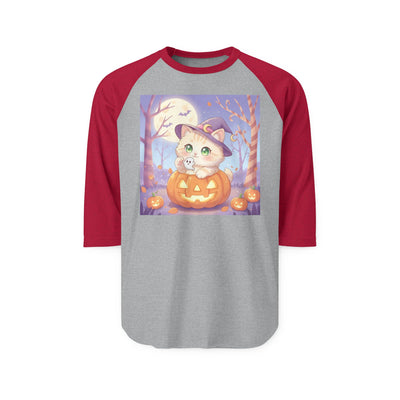 Halloween cute kitten anime style 1 Raglan Shirt, Unisex Halloween Top, Pumpkin Cat Shirt, Cute Cat Tee, Spooky Casual Wear