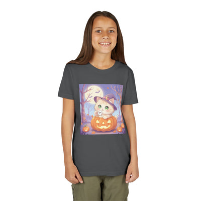 Halloween cute kitten anime style 1 Unisex Youth Tee | T-Shirt, Cute Pumpkin Shirt, Kids Halloween Outfit, Cat Lover Gift, Fun Fall Apparel