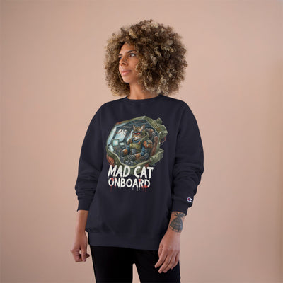 Mad Cat Onboard Graphic style 1 Champion Crewneck Sweatshirt for Gamers & Sci‑Fi Fans
