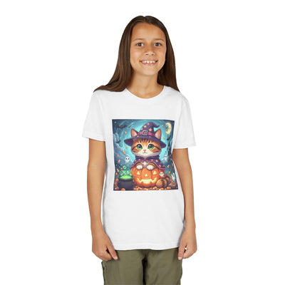 Halloween cute kitten anime style 2 Unisex Youth Tee | T-Shirt, Cute Pumpkin Shirt, Kids Halloween Outfit, Cat Lover Gift, Fun Fall Apparel