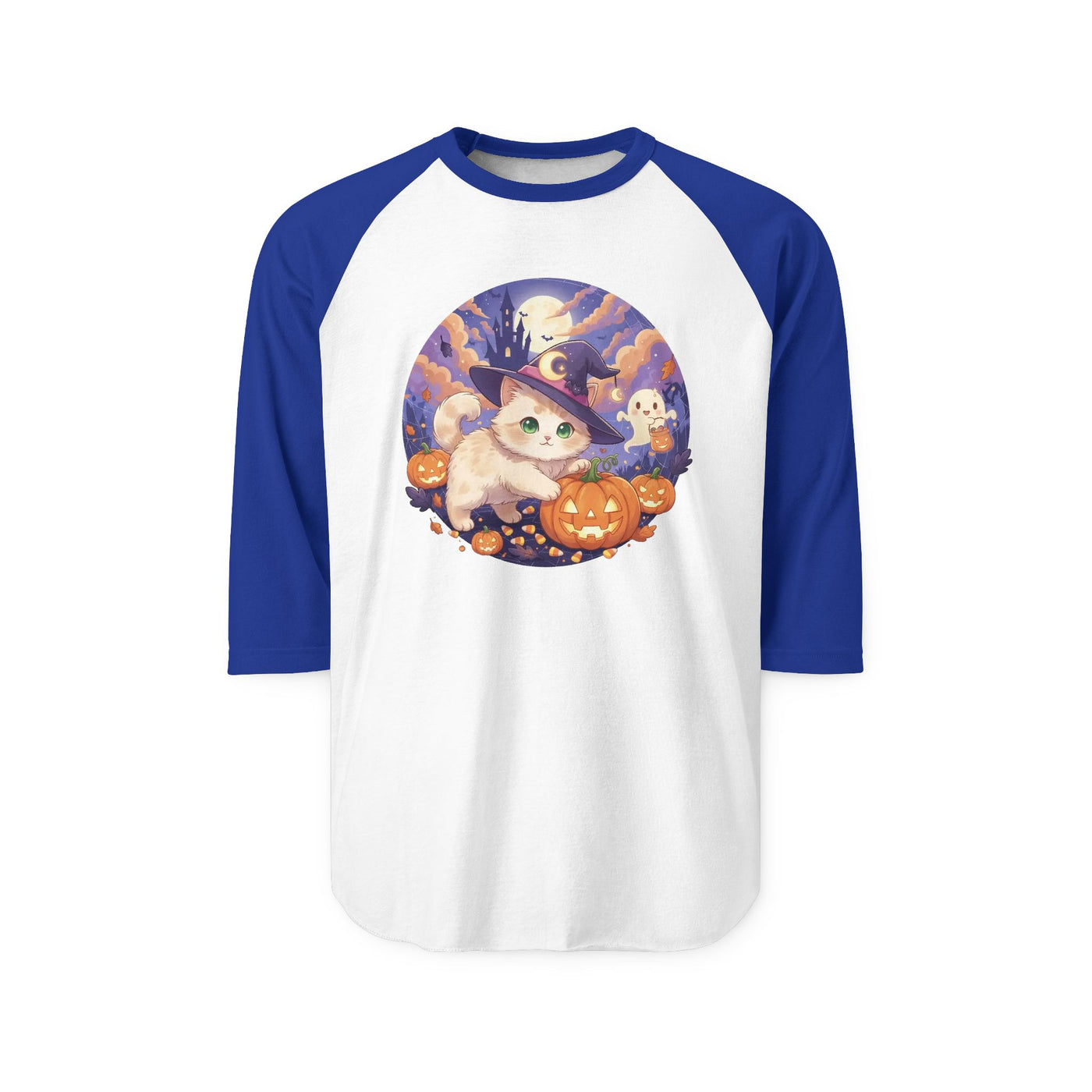 Halloween cute kitten anime style 5 Raglan Shirt, Unisex Halloween Top, Pumpkin Cat Shirt, Cute Cat Tee, Spooky Casual Wear