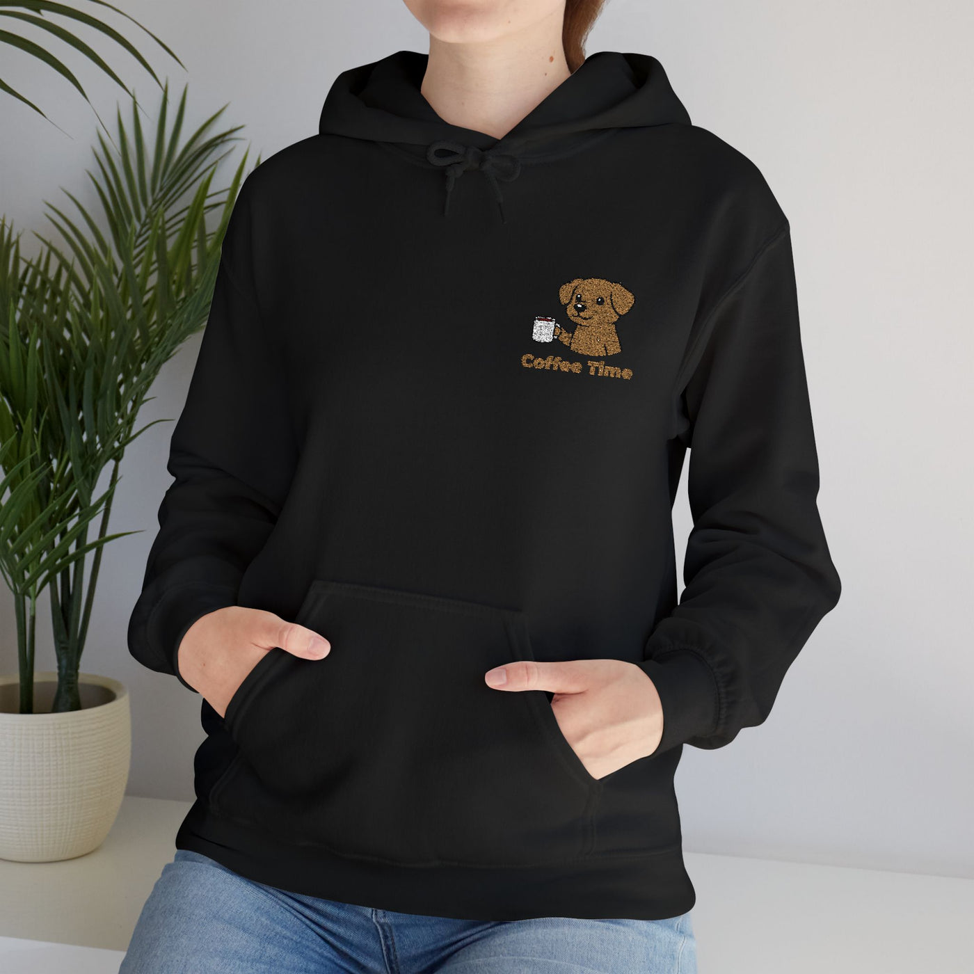 Coffee Time Dog Embroidered style 2 Unisex Pullover Hoodie