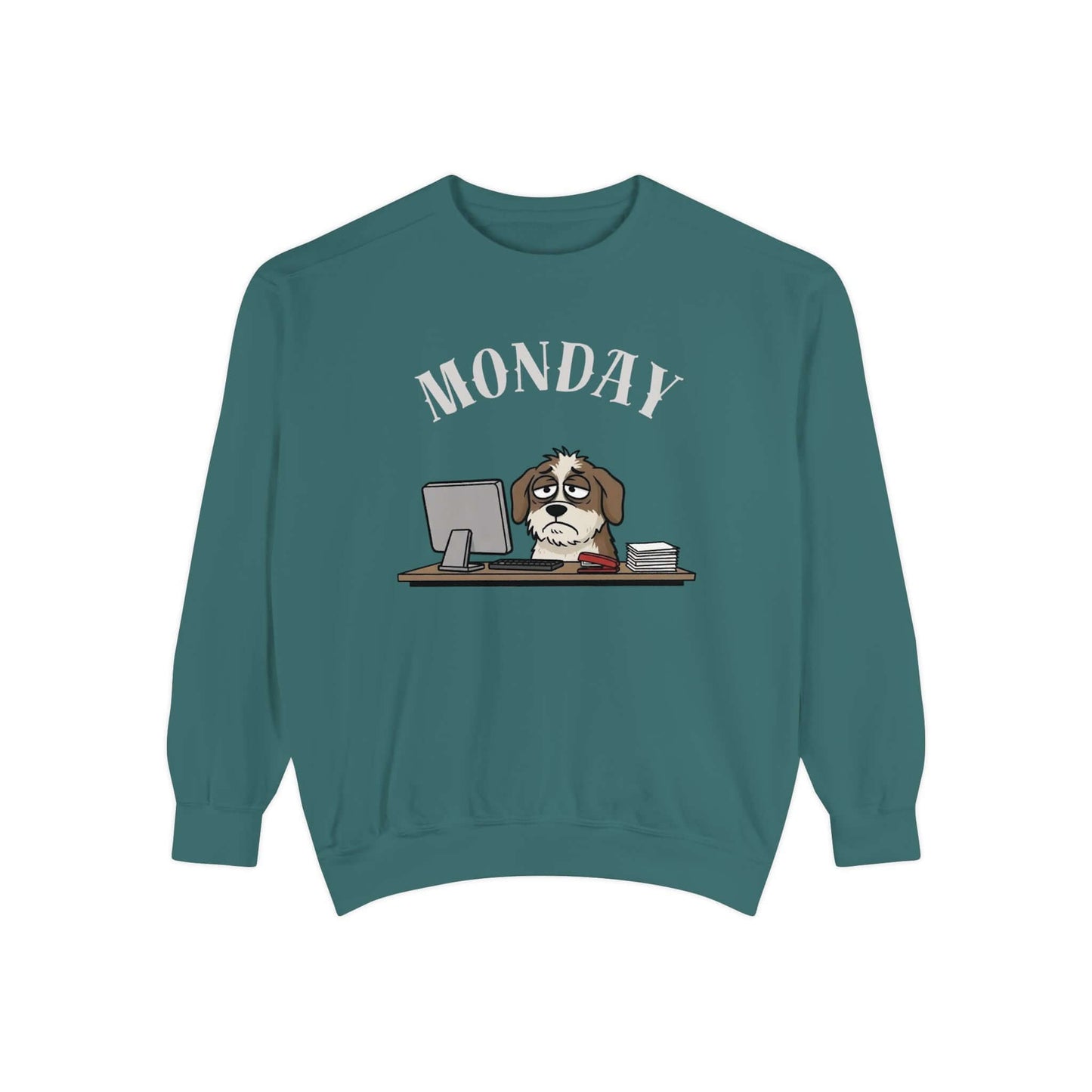 Monday Face Dog Stares Blankly Unisex Crewneck Sweatshirt featuring a dog at a desk with "MONDAY" banner.