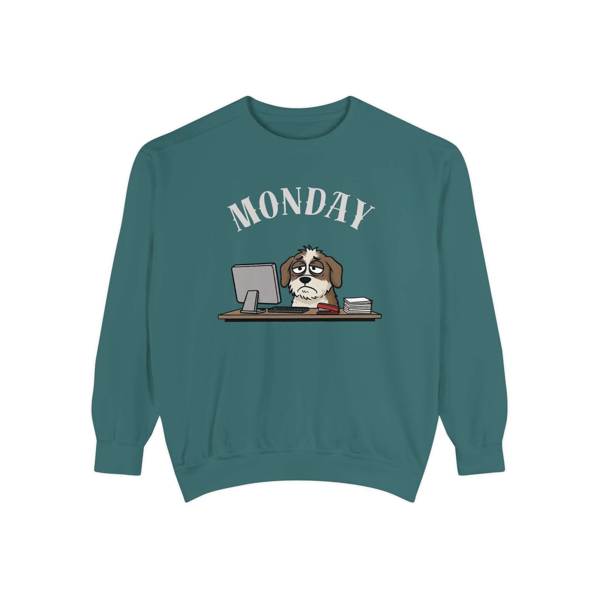Monday Face Dog Stares Blankly Unisex Crewneck Sweatshirt featuring a dog at a desk with "MONDAY" banner.