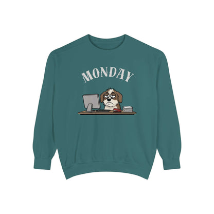 Monday Face Dog Stares Blankly Unisex Crewneck Sweatshirt featuring a dog at a desk with "MONDAY" banner.