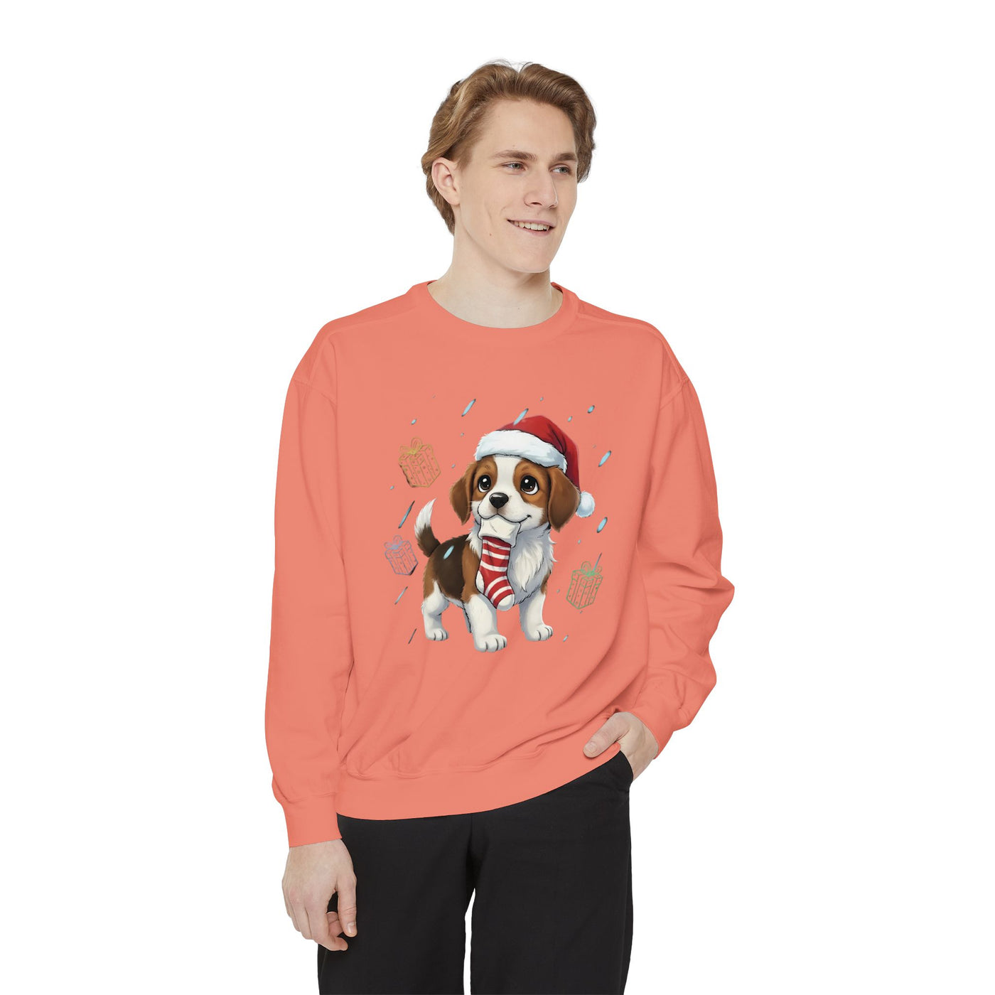 Cute Puppy waiting for Christmas presents style 6 Cozy Graphic Unisex Crewneck Sweatshirt