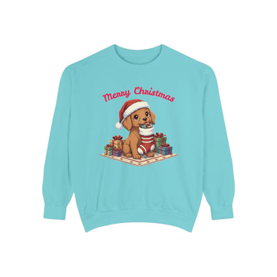 Cute Puppy waiting for Christmas presents style 2 Cozy Graphic Unisex Crewneck Sweatshirt