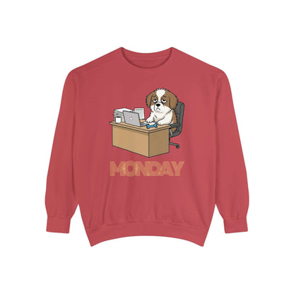 Monday Face Dog Stares Blankly Unisex Crewneck Sweatshirt on a red background with a cartoon dog at a desk.
