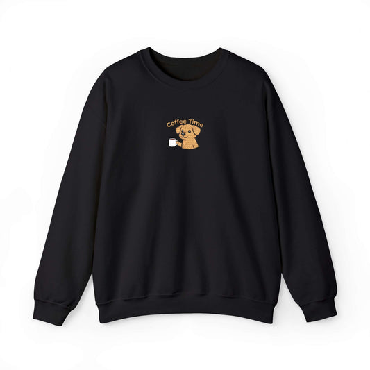 Coffee Time Dog Embroidered Unisex Crewneck Sweatshirt in black with playful dog character holding a cup.