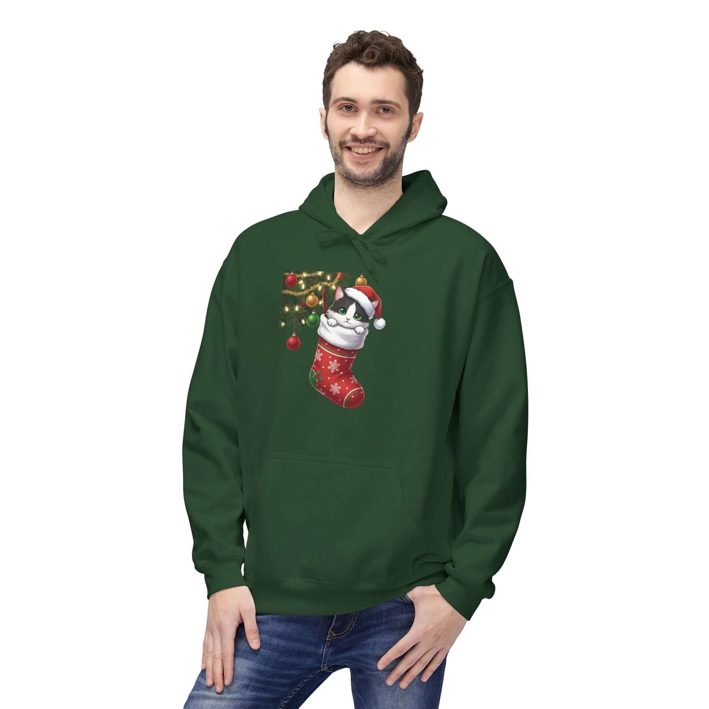 Kitten hiding in Christmas stocking Unisex Fleece Hoodie style 1