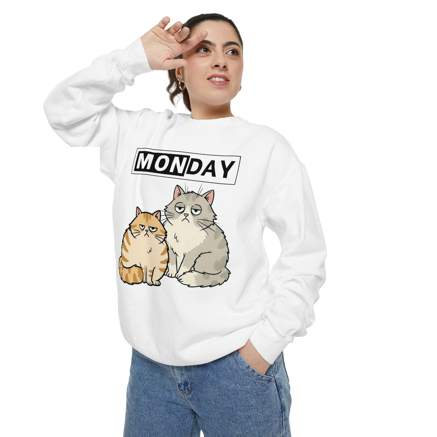 Monday Face Cat Stares Blankly Unisex Crewneck Sweatshirt style 1