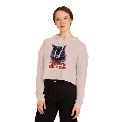 You've Gotta Be Kitten Me - Black Cat Women Cropped Hoodie worn by a model, featuring a colorful cat graphic.