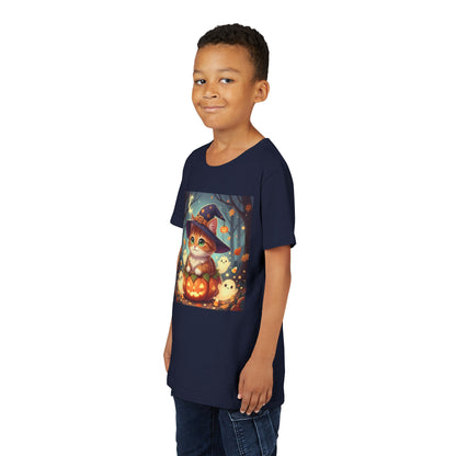 Halloween cute kitten anime style 3 Unisex Youth Tee | T-Shirt, Cute Pumpkin Shirt, Kids Halloween Outfit, Cat Lover Gift, Fun Fall Apparel