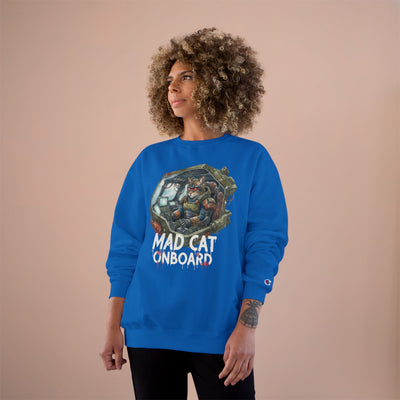 Mad Cat Onboard Graphic style 1 Champion Crewneck Sweatshirt for Gamers & Sci‑Fi Fans