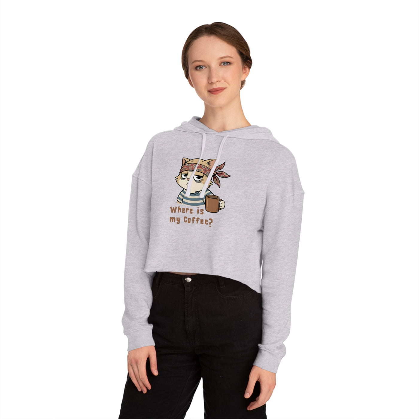 "Where is my coffee?" Cat Graphic Women Cropped Hoodie